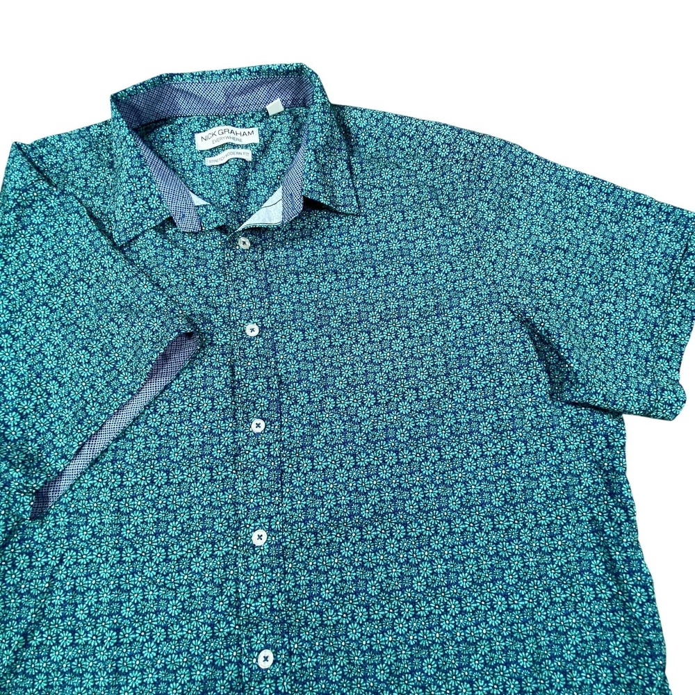 Nick Graham Everywhere Shirt 2XL Mens Blue Stretch Modern Fit Floral Button Down